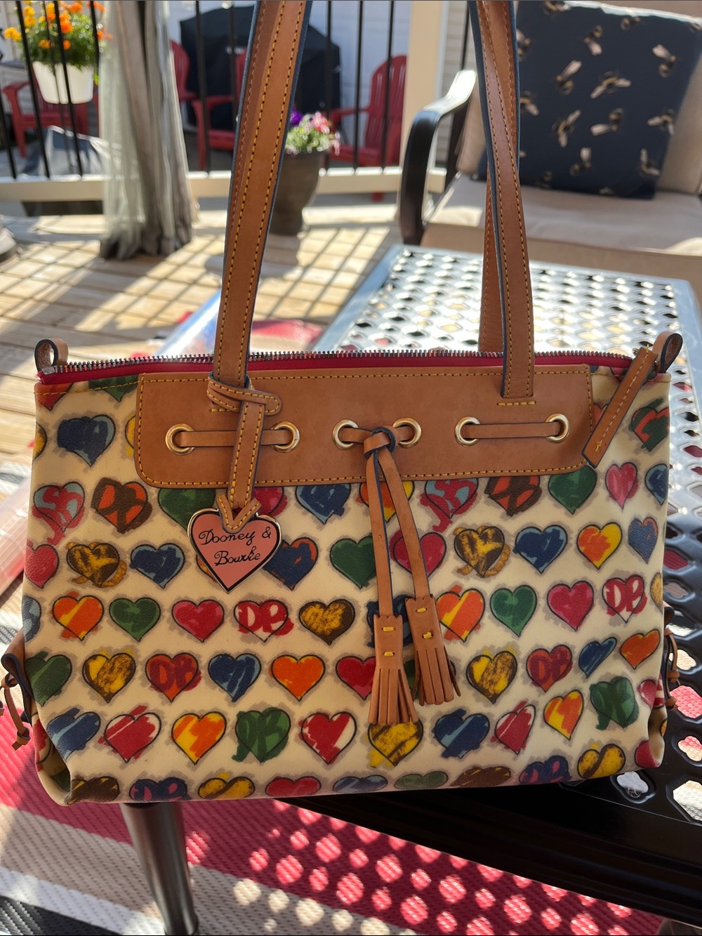 Dooney & Bourke Multicolor Heart Print Tote with Tan Leather Trim
